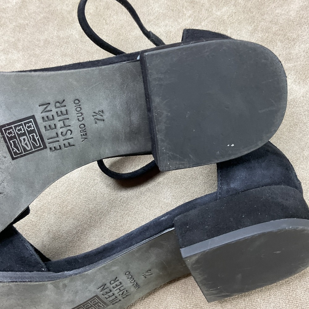 Eileen Fisher Heels 7.5 Sandals Ankle Strap Block Black Suede Vero Cuoio Career - Picture 6 of 13